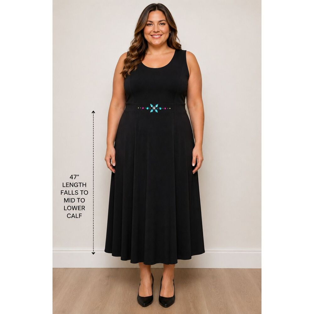 R&K Originals Woman 24W Black Sleeveless Dress Jeweled Waist A-Line Midi Plus